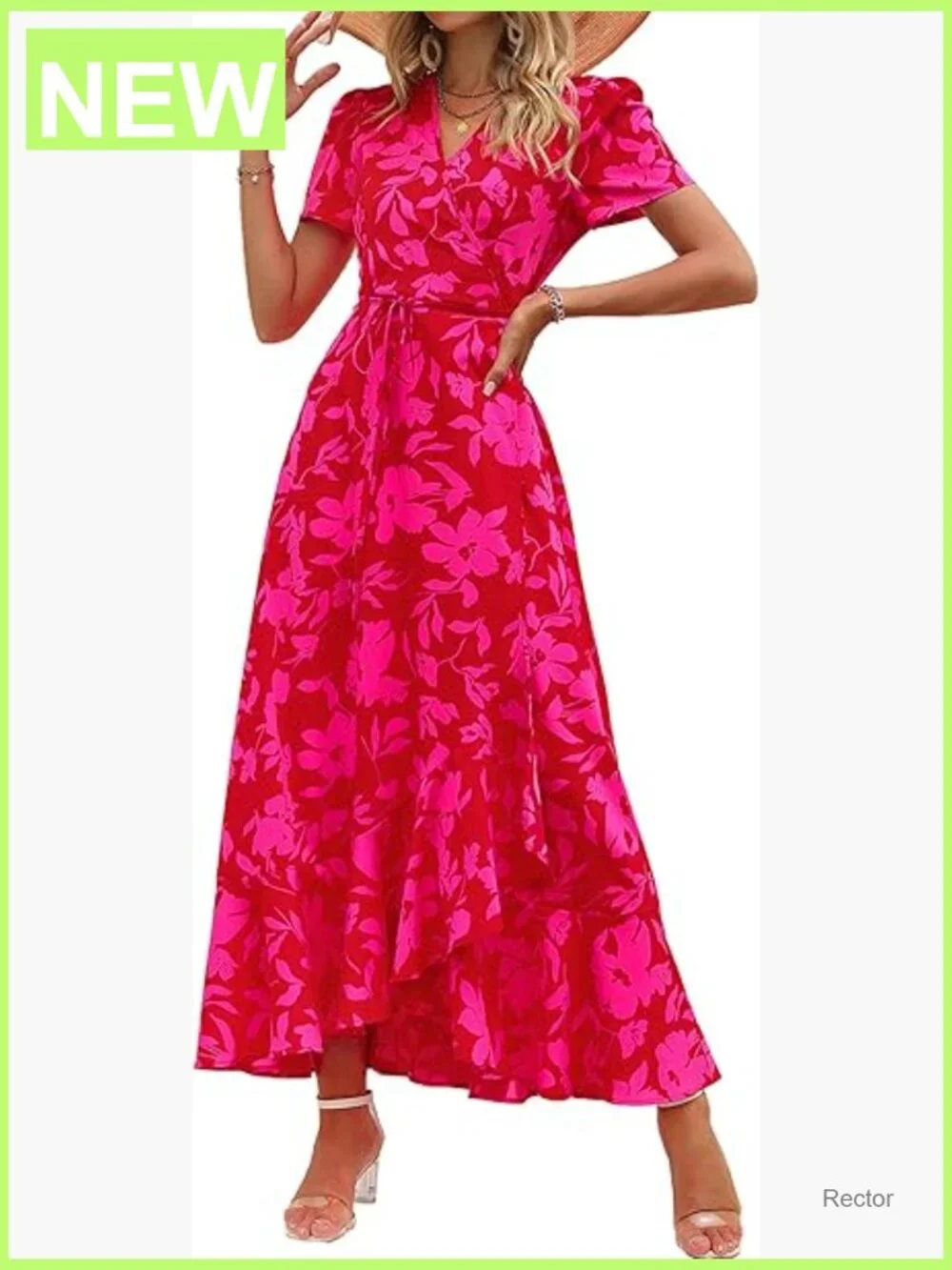 Boho Floral Maxi Dress Short Sleeve Wrap V Neck Long Flowy Beach Vacation - Picture 1 of 7